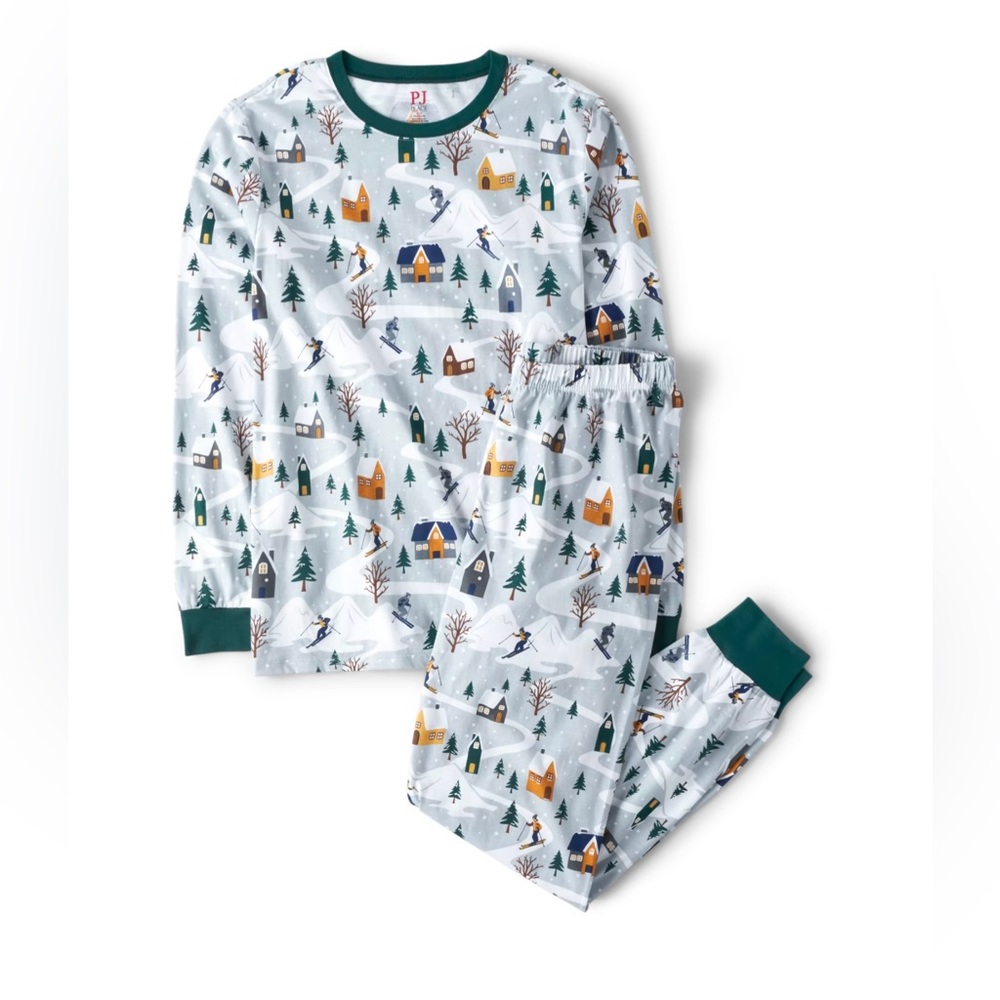 Unisex Adult Matching Family Ski Cabin Cotton Pajamas - White